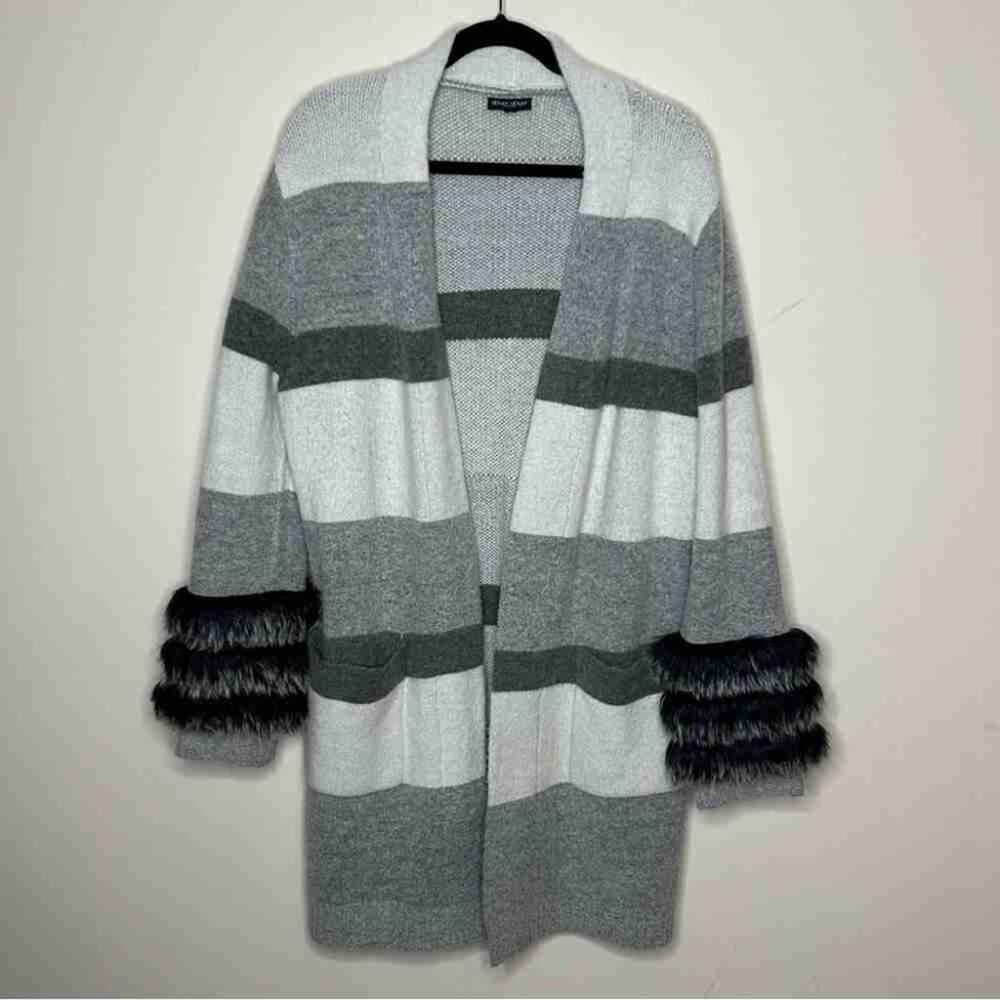 Couture Open Front Cardigan White Gray Stripe Fringe Sleeve Super Soft
